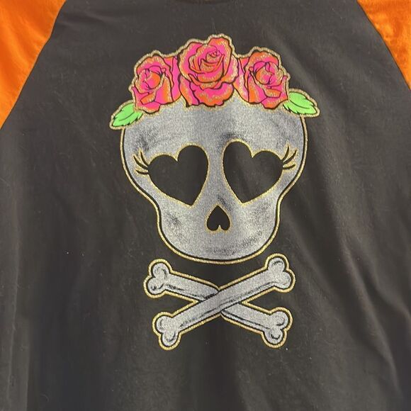 Celebrate Halloween Glitter Skull & Crossbones Baseball Shirt-XL-14/16 Plus Girl - Picture 2 of 15